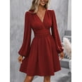 thumbnail image 6 of Women Fall Dresses Casual Long Sleeve Deep V Sexy Dress A-line Elastic High Waisted Flowy Dress, 6 of 7