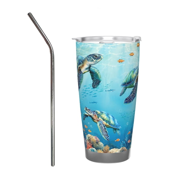 20oz Sea Turtle Ocean Coral Reef Insulated Tumbler with Handle and Straw Travel Cup Car Cup with Stainless Steel Straw