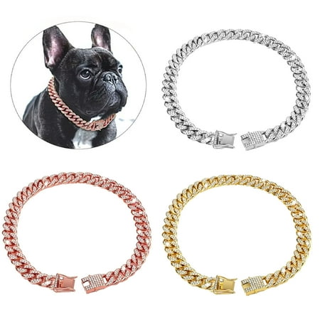Eisoary Pet Dog Cuban Chain Collar Wide Sparkling Rhinestones Dog Necklace Small Medium Large Dogs Jewelry Accessories Rose Gold S