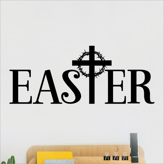 Easter with Holy cross for "T" Crown of thorns Spiritual Decals Gifts Christ Bible Verse Vinyl Lettering Wall Decal Size: 9"H x 22"L - Color: Black