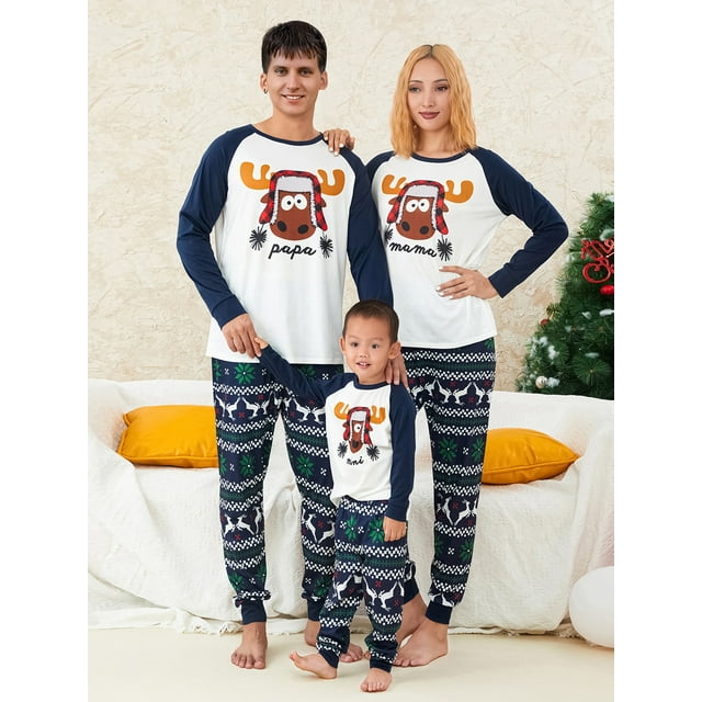 Pyjamas de Noël pour Famille, Vêtements de Nuit, Manches Longues Col Rond Imprimé Élan Hauts Pantalons Ensemble/ Barboteuse pour Nourrissons