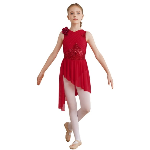 YiZYiF Girls Ballet Lyrical Dance Dress Flower Sequin Sleeveless Leotard with High Low Skirt Dance Costumes Burgundy 12