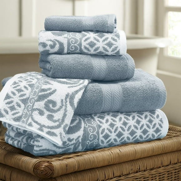 Modern Threads Trefoil Filigree 6-Piece Reversible Yarn Dyed Jacquard Towel Set - Bath Towels, Hand Towels, & Washcloths - Super Absorbent & Quick Dry - 100% Combed Cotton