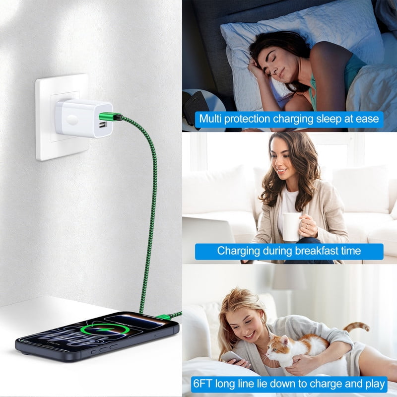 Foldable Plug Dual USB Port Wall Charger Block 2.4A with 6FT Type C Cable, Fast Phone Charger Station Compatible with iPhone 17/16/15 Pro Max, iPad Pro, Galaxy S26, Android, Green