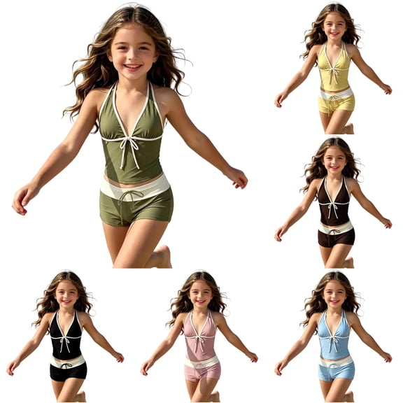 Girls Swimsuit Halterneck Tankini Two Piece Tween Girls' Swimwear Beach Girl Bathing Suit for 7-8 Years