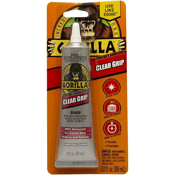 Gorilla Clear Grip Contact Adhesive - Waterproof - 1 Pack, 3 Ounce Tube, Clear