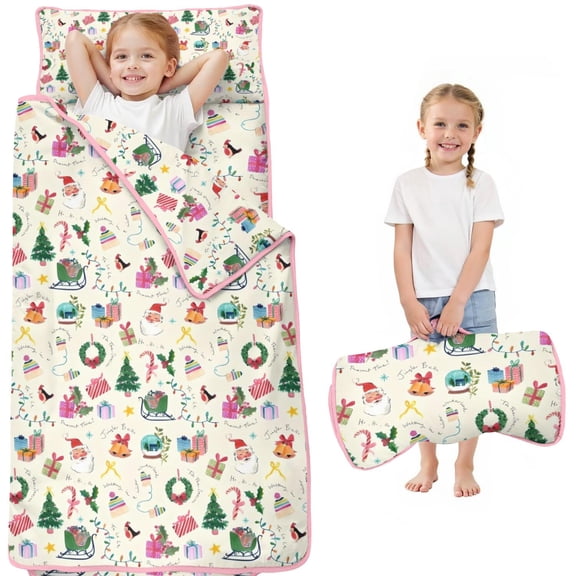 Beige Christmas Santa Pattern Toddler Nap Mats for Kids Preschool,50"x20" Sleeping Mat Bag or Kids,Toddler Sleeping Bag,Toddler Nap Mat or Daycare