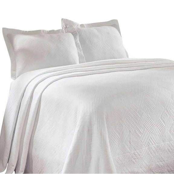 Superior 100% Cotton Geometric Fret Scalloped Bedspread Set White / Queen