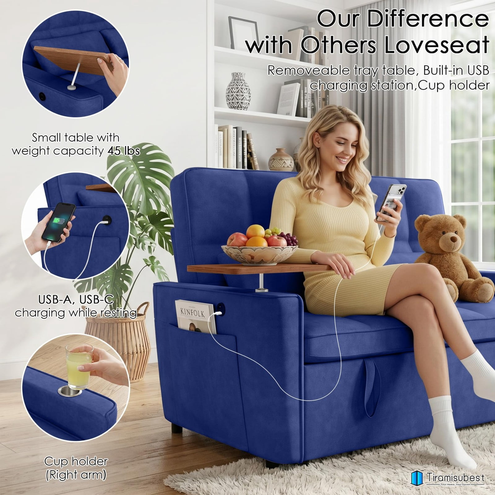 54" Sleeper Sofa Bed, Convertible Pull Out Couch Futon with Side Table, USB Ports, Cup Holder, Adjustable Backrest, Velvet Sofa Bed for Living Room Apartment, Dark Blue