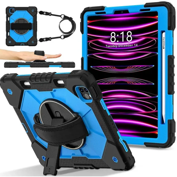 Case for iPad Pro 11 inch 4th/3rd/2nd/1st Gen 2022/2021/2020/2018, iPad Air 5th/4th Gen 2022 2020 10.9 inch with Rotating Stand Pencil Holder Hand/Shoulder Strap, Shockproof Protective Cover