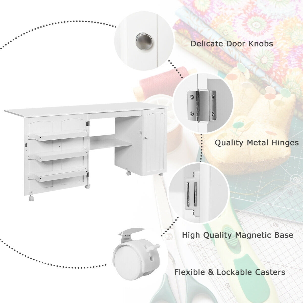 Gymax Folding Sewing Table Shelves Storage Cabinet Craft Cart W/Wheels Large White