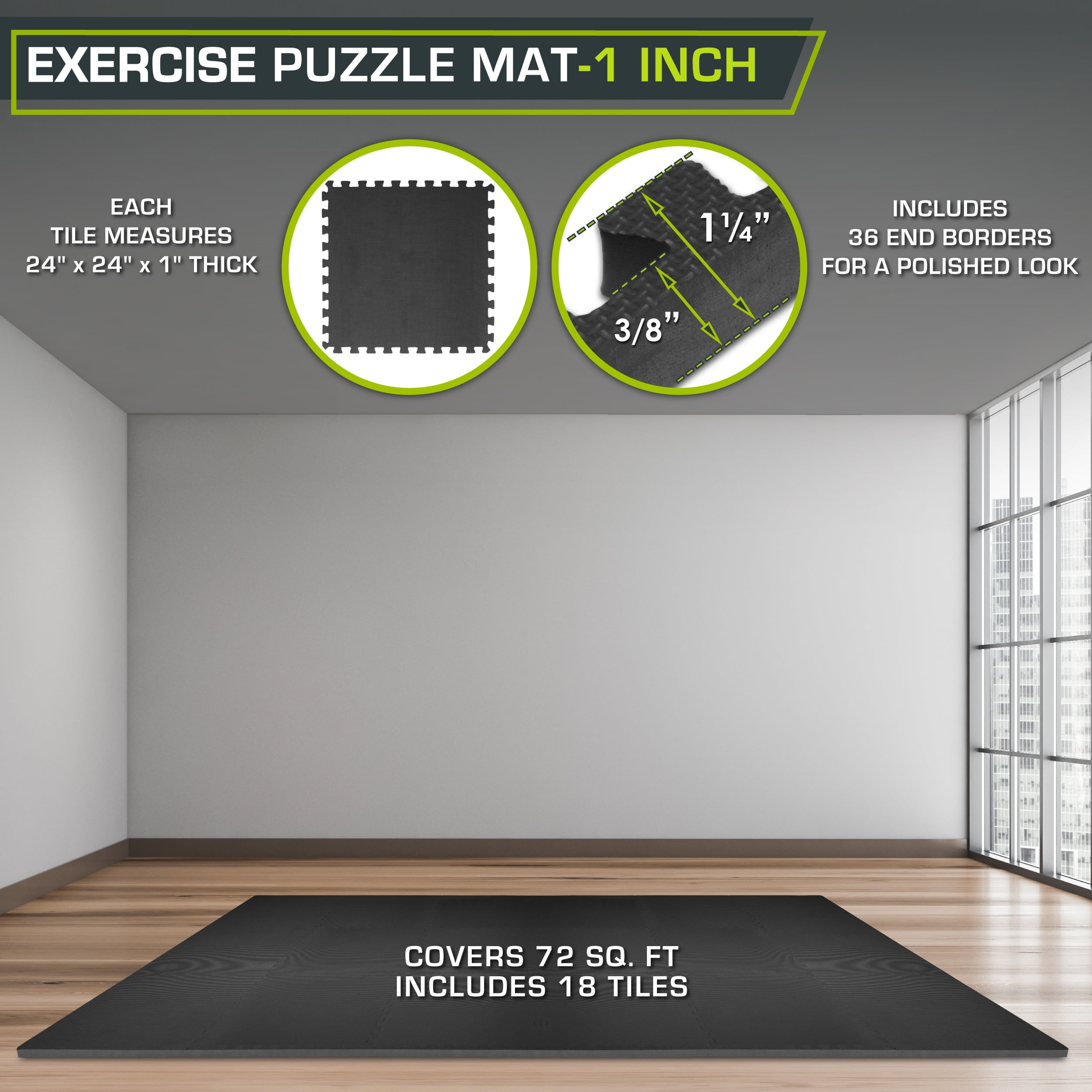 ProsourceFit Exercise Puzzle Mat 1-in, Black, 72 Sq Ft - 18 Tiles