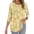thumbnail image 2 of WHLBF Blouse for Women 3/4 Sleeve Round Neck Cover Casual Pleated Tunic Curved Hem Printed Blouse Multicolor XL, 2 of 7