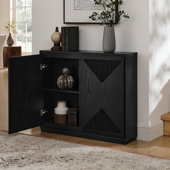 Oufan Fluted Design Storage Cabinet, Wood Buffet Cabinet with 2 Doors & Shelf, Narrow Side Cabinet, Freestanding Cupboard for Kitchen, Living Room