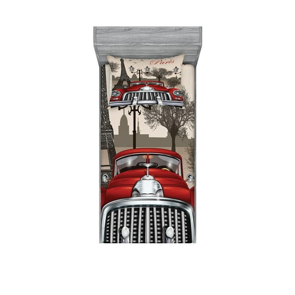 Ambesonne Retro Fitted Sheet & Pillow Sham Set, Parisian City Scenery Car Art, Twinxl, Cream Grey Red