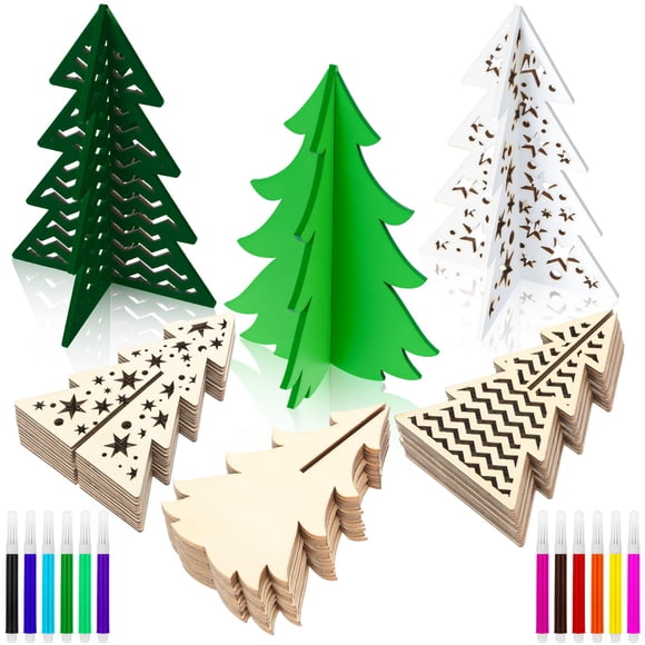 Set de Manualidades Blosssound 48 Piezas Árboles de Navidad 3D de Madera con 12 Marcadores