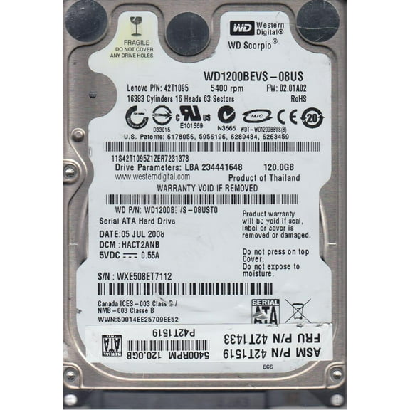 WD1200BEVS-08UST0, DCM HACT2ANB, Western Digital 120GB SATA 2.5 Hard Drive