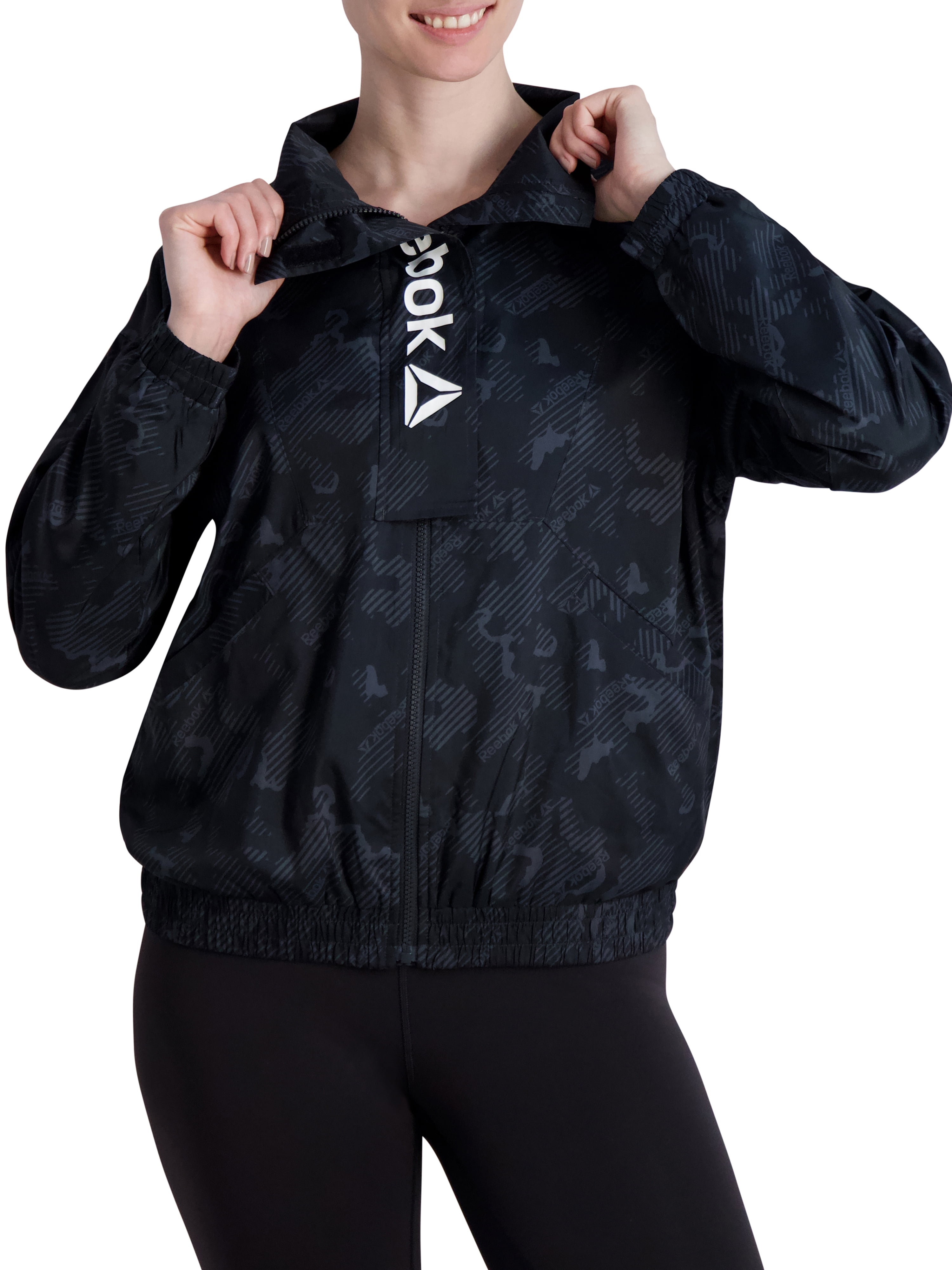Reebok Women's Mesh Lined Printed Focus Track Jacket with Front Pockets and Front Flap