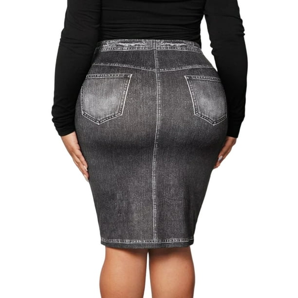 Sexy Dance Women Plus Size Skirts Ripped Printed Faux Denim Jean