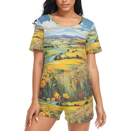 joogoo Women s Pajama Set Flowers Field and Sky Short Sleepwear Loungewear with Pockets XXL