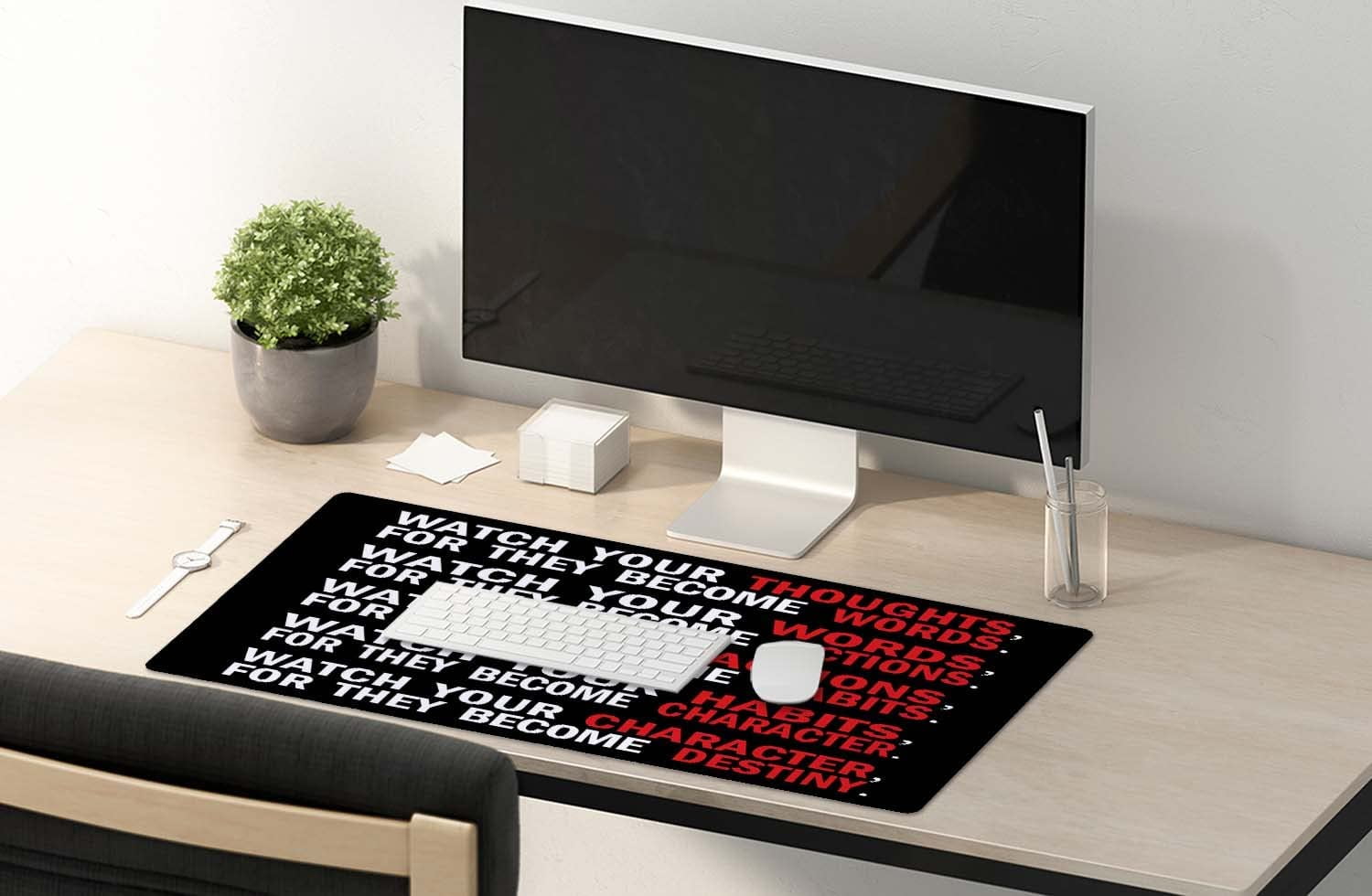 Watch Your Thoughts Motivational Words Quotes Mouse Pad 35.5 X 15.7 Inch XXL Full Desk Mousepad Extended Large Non-Slip Rubber Base Waterproof Big Keyboard Mat with Stitched Edges for Office