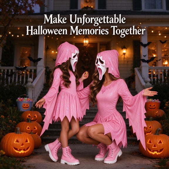 Screamy Costume Girls Pink Glitter Halloween Costume, Bling Sparkle Horror Dress with Screamy White Mask for Halloween Cosplay Party Outfit
