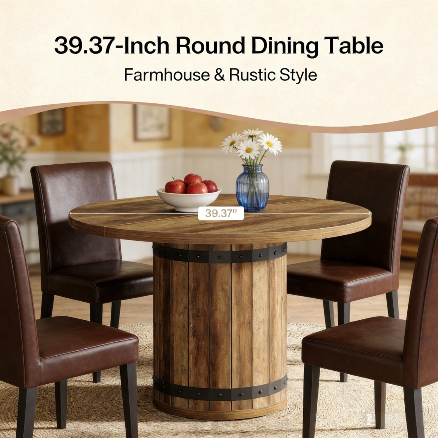 39.37 in Round Farmhouse Dining Table, Rustic Brown MDF, Seats 4