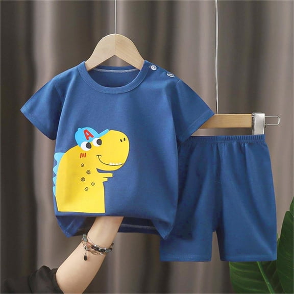 Toddler Kids 2‑Piece Set, Cotton Round‑Neck Print Short Sleeve Top Breathable Loose Shorts, Boys Girls 2 Piece Outfits for Home and Relax | TruHer,Dark Blue 3 Years