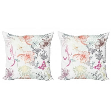 Ambesonne Dragonfly Throw Pillow Cover 2 Pack, Hibiscus Moth Ornate, 18", Multicolor