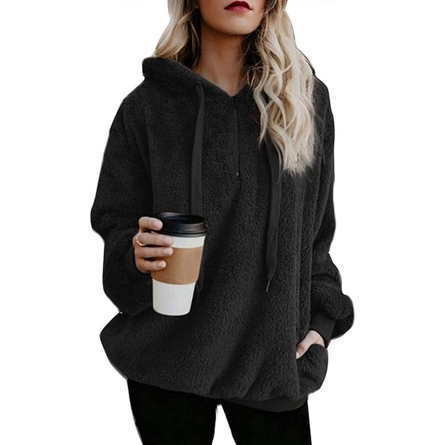 Womens Fuzzy Long Sleeve Drawstring Hoodies Sherpa Pullover Sweaters Winter Warm Tunic Tops Sweatshirts