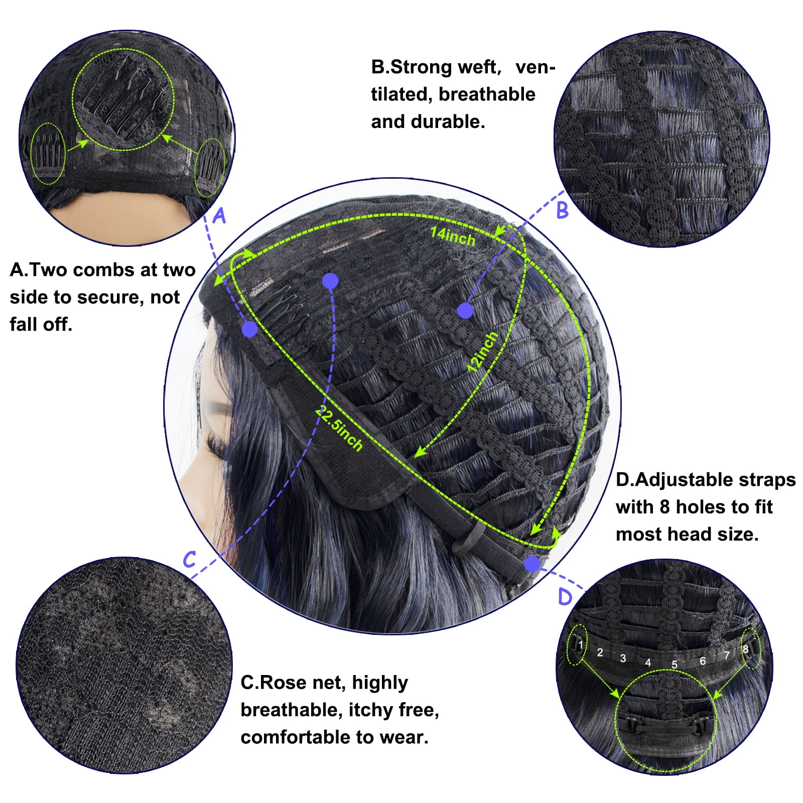 DAPRZIY Curly Bob Wig with Bangs 12 inch Short Wavy Black Mix Blue Wigs for Women Bang Wig Synthetic Wigs with Bangs