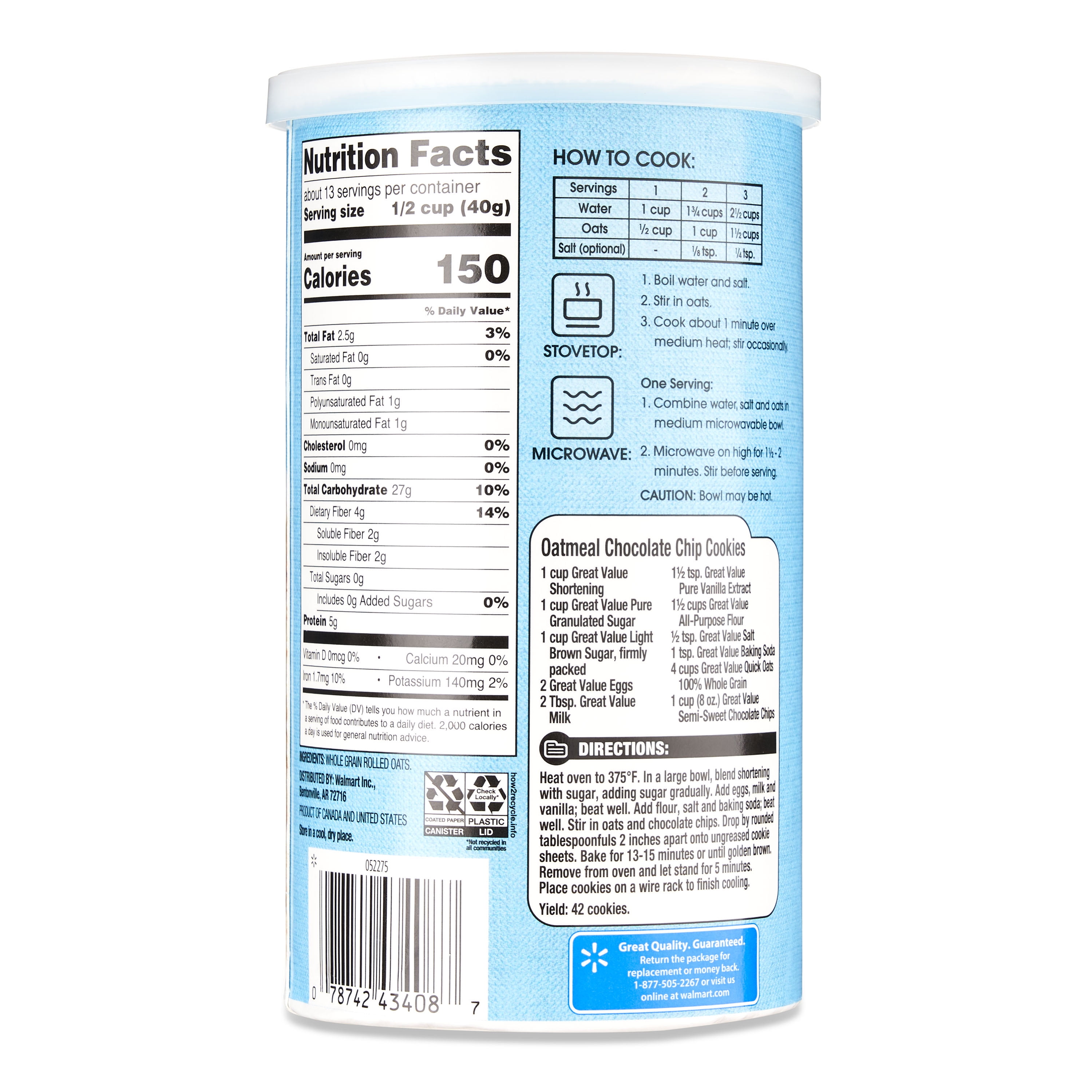 Great Value Instant Oats Tube, 18 oz