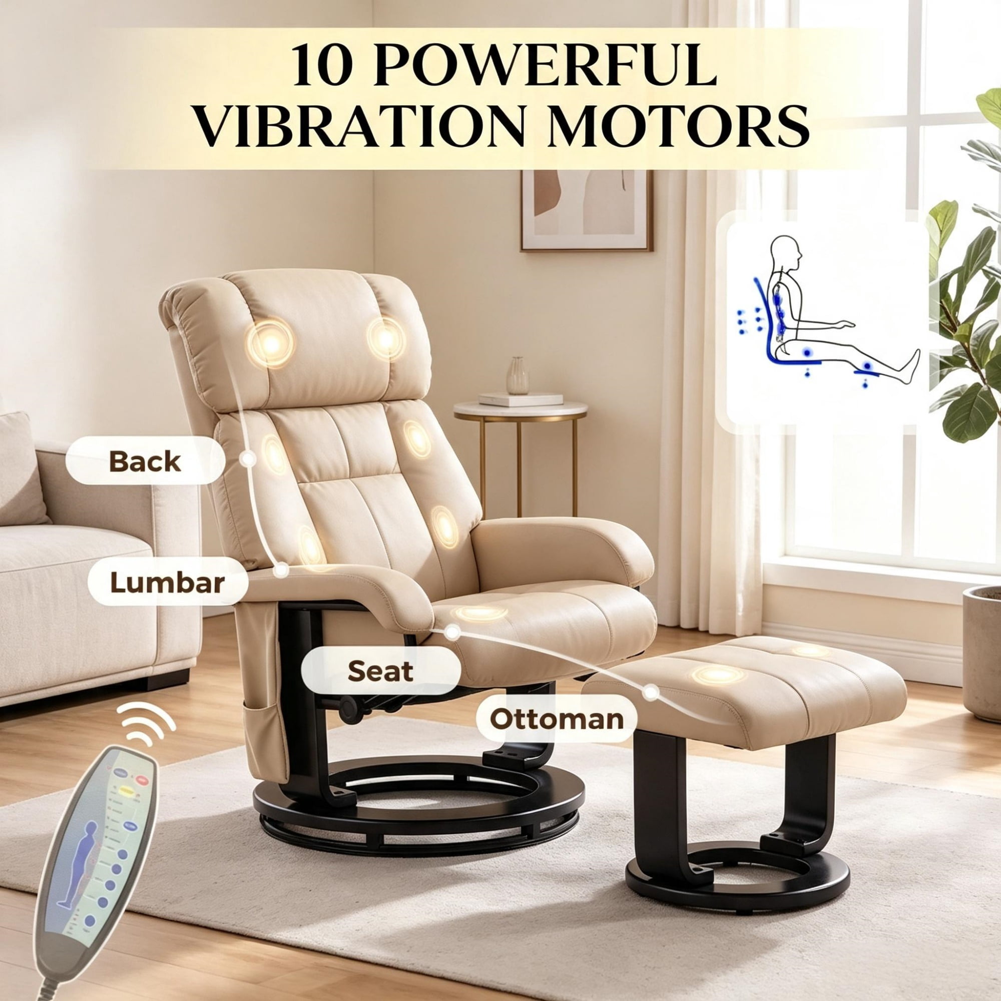 360° Swivel Massage Recliner Chair, 10-Point Vibration Footstool for Living Room, Beige