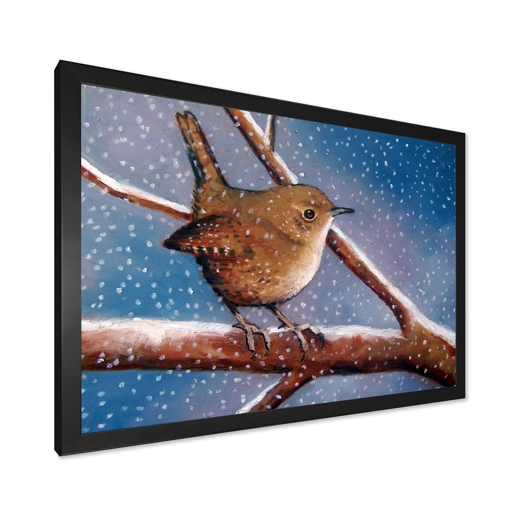Designart 'Wren Bird On Branch In Winter' Farmhouse Framed Art Print