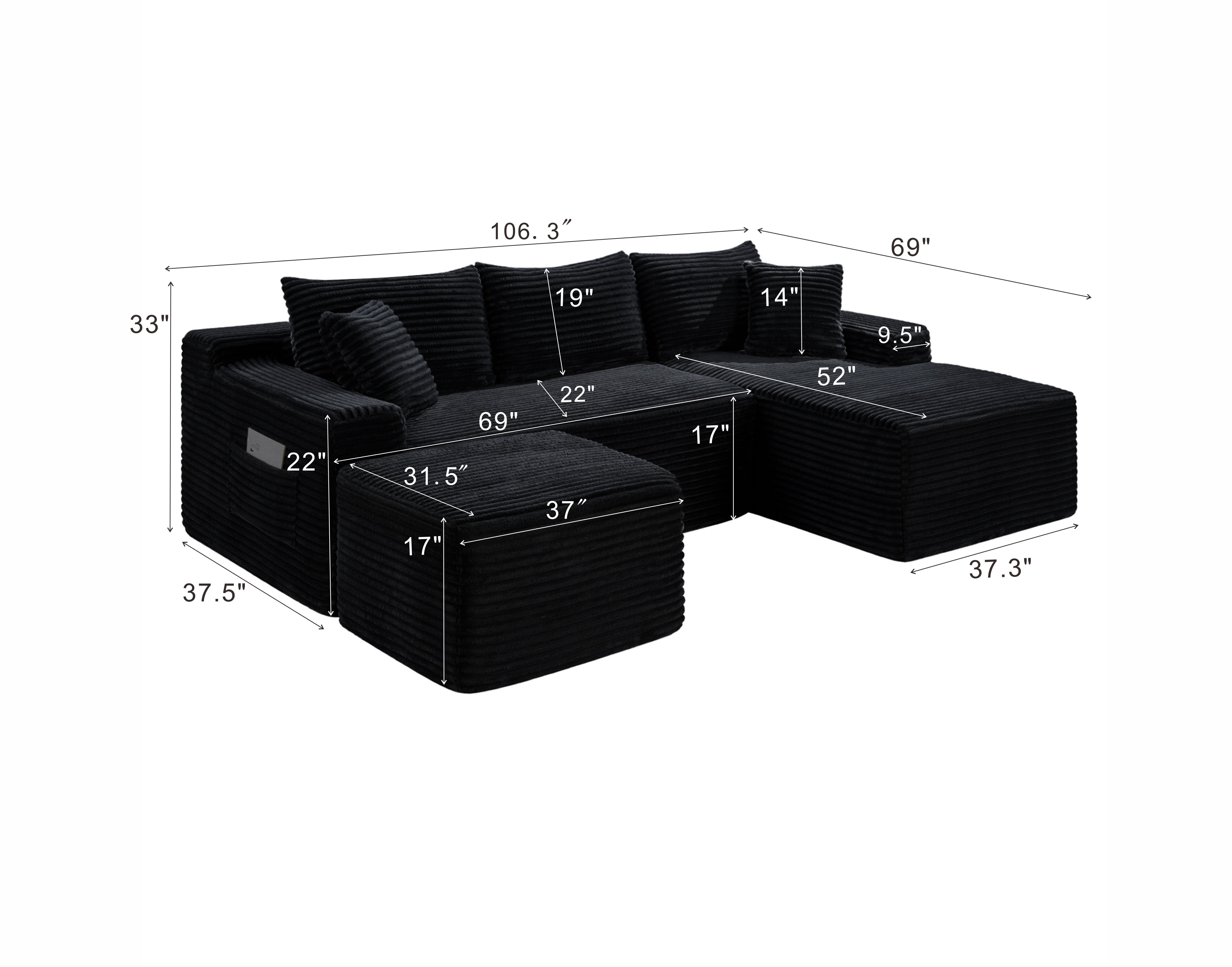 Leumius 106" Sectional Sofa Couch with Deep Seat,U-Shaped Cloud Modular Sleeper Couches for Living Room,Bedroom,Apartment,No Assembly Required,Black-Right