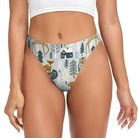 Qokaie Winter Forest Animals Printed Women s Cotton Thong Underwear  Sexy Breathable Panties G-string-Large
