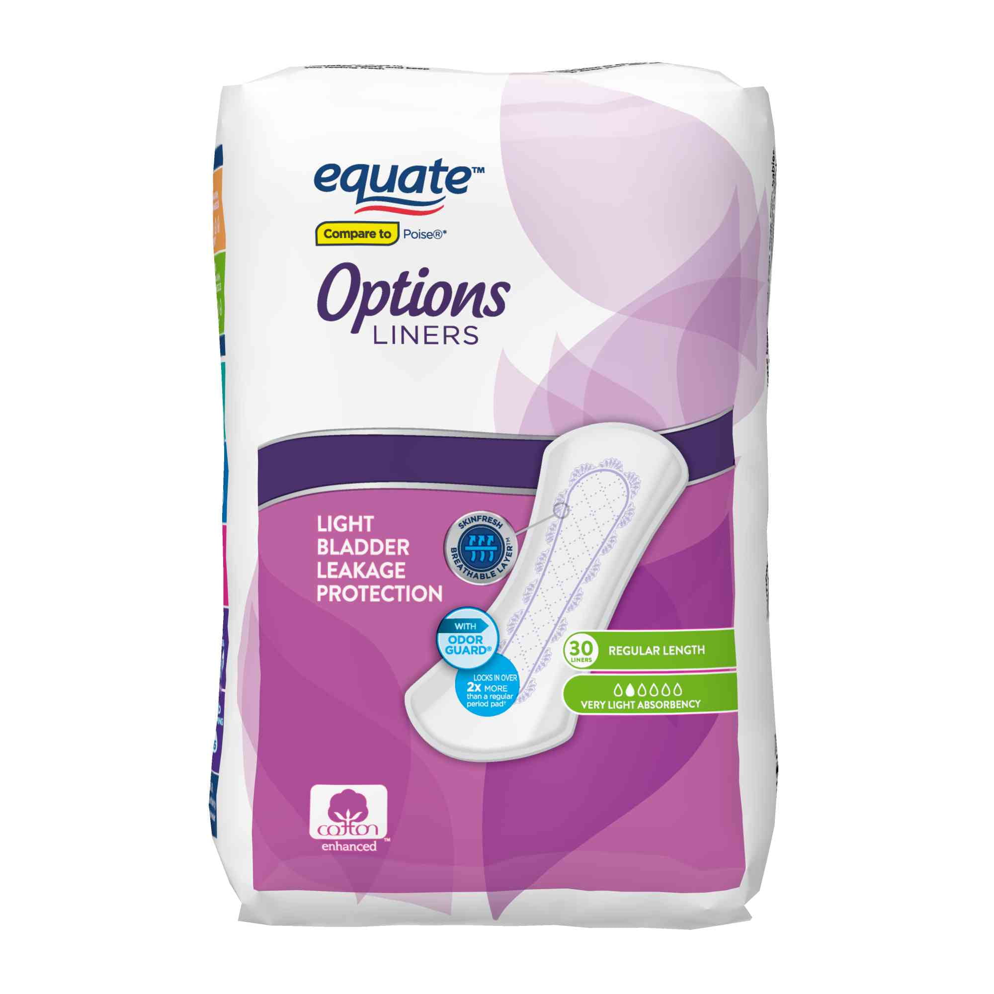 Equate Options Women's Incontinence Regular Length Pads, Very Light Absorbency, 30 Count