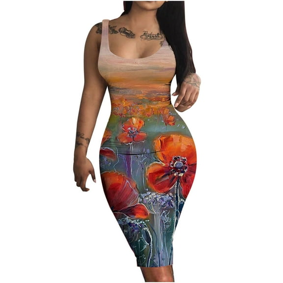 OAVQHLG3B Sexy Crewneck Floral Women's Dresses Above Knee Sleeveless Bodycon Summer Dress Casual Cocktail Dress Vestidos Vestir