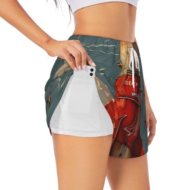 Balery Rusty Rocket Launch Pantalones cortos deportivos para mujer con forro y dos bolsillos, elásticos, para entrenamiento, gimnasio, yoga-Large