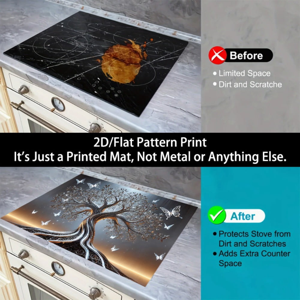 1 2D/flat stove cover protection pad, silver-brown crystal butterfly decorative tree pattern design, 28.3x20.5 inches (72×52cm), easy to clean, perfectly suitable for any kitchen, washing machine, dr