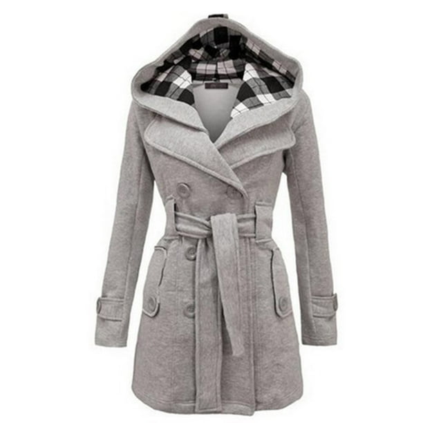 Chaquetas y abrigos casuales con capucha de manga larga para mujer, chaqueta de imitación cálida de moda para invierno, abrigos de manga larga a cuadros con doble botonadura y vendaje, abrigos, tops,