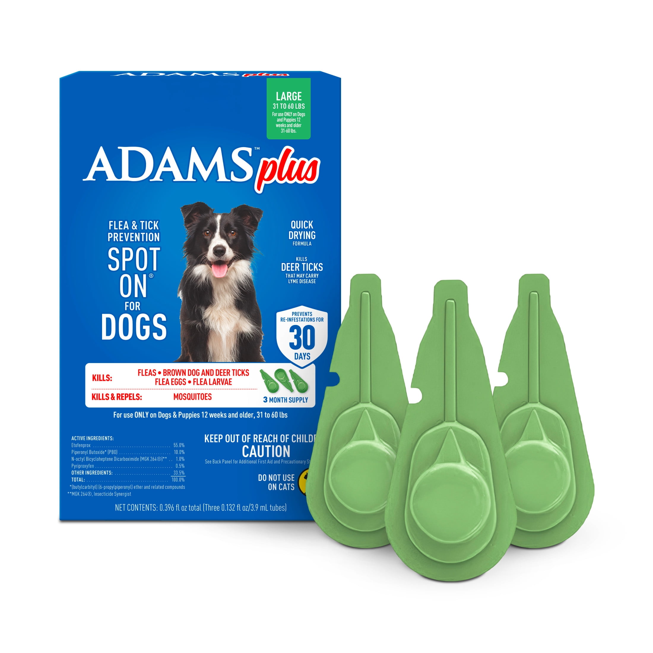 (4 pack) ADAMS Plus Flea & Tick Prevention Spot On for Dogs, Large Dogs, Kills Fleas & Ticks (Brown Dog/Deer Ticks), Kills and Repels Mosquitoes, Prevents Flea Infestations, 3-Month Supply, 3 pack
