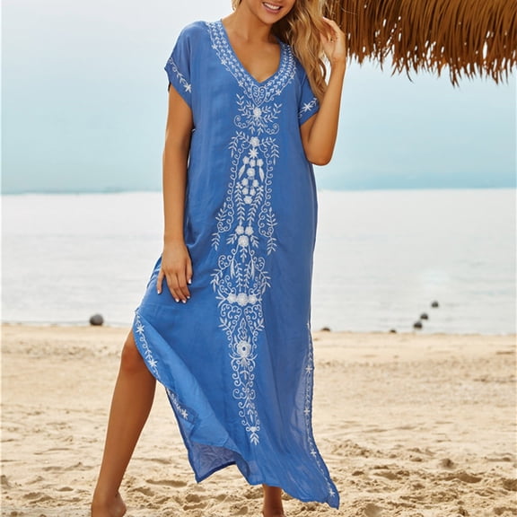 Women Swimwear Cover-Ups Short Sleeve Chiffon Rayon Beach Dress Boho Bathing Suit Coverup Mesh Pullover Dress Light Blue,One Size