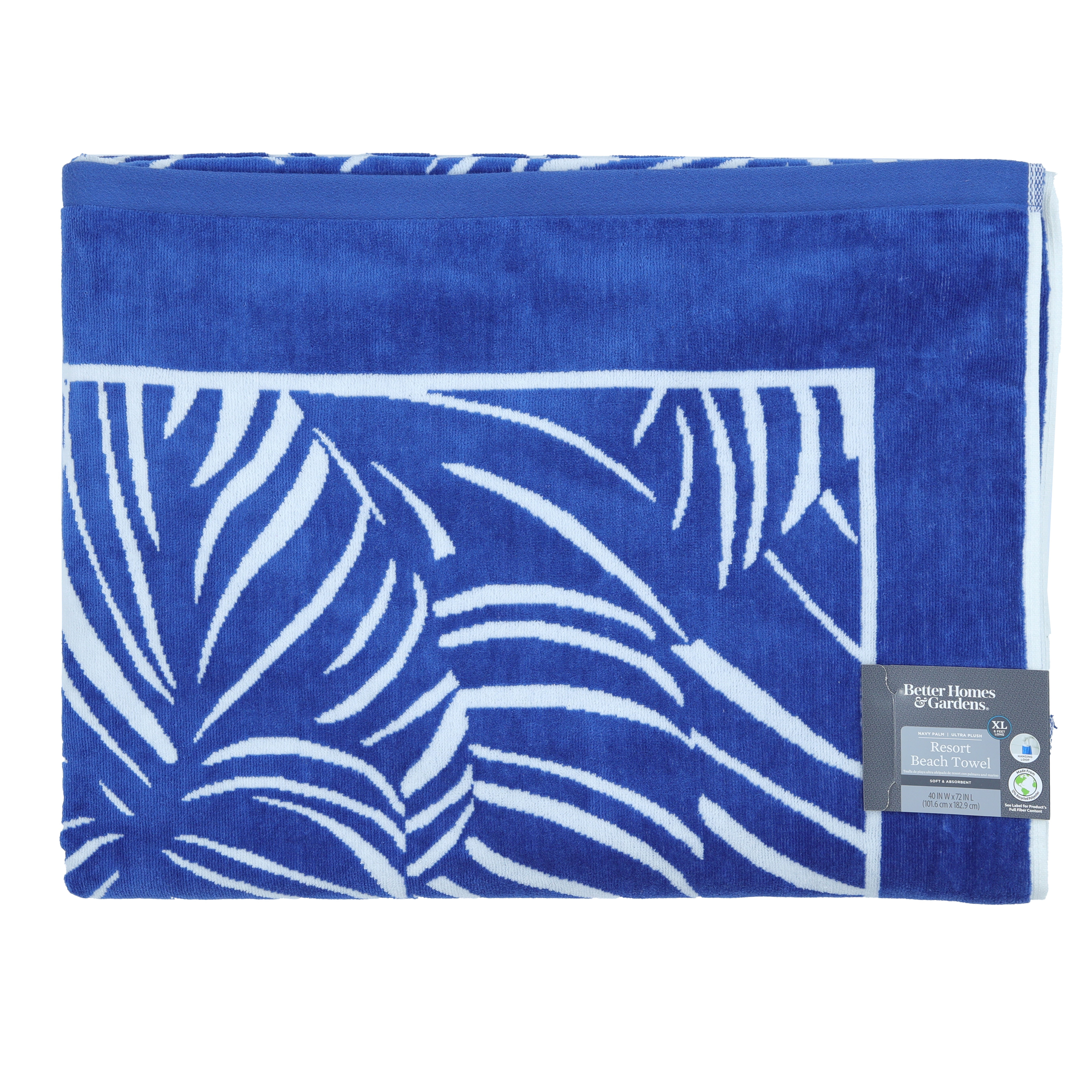 Better Homes & Gardens Extra Large Oversized Cotton Blend Navy Leaf Print Resort Beach Towel, 40" x 72"