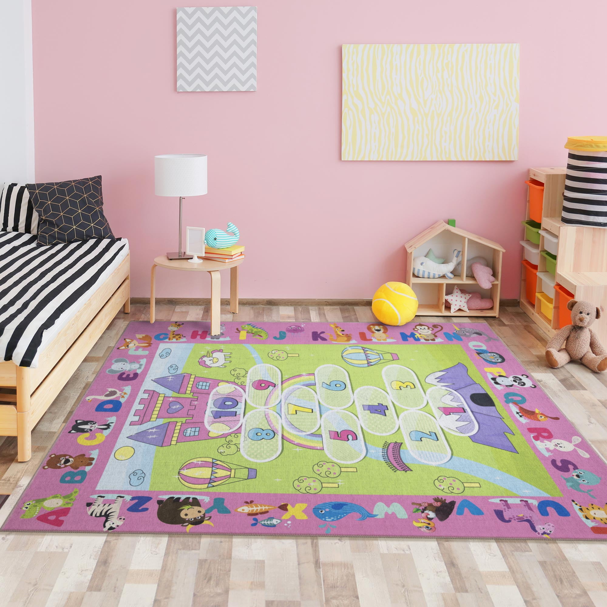 Ottomanson Washable Flatweave Kids Hopscotch Princess 5x7 Play Mat Area Rug, 5' x 7', Pink
