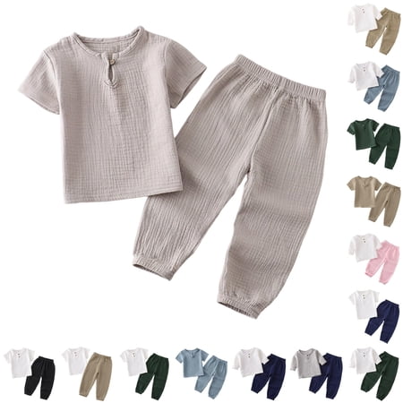 CUZIBR Boys Outfits Solid Color Crewneck Summer Short Sleeve Lightweight Casual Two Piece Ensemble Tracksuit For Toddler Kids Clothes Sets 1-Grey 4-5 Years