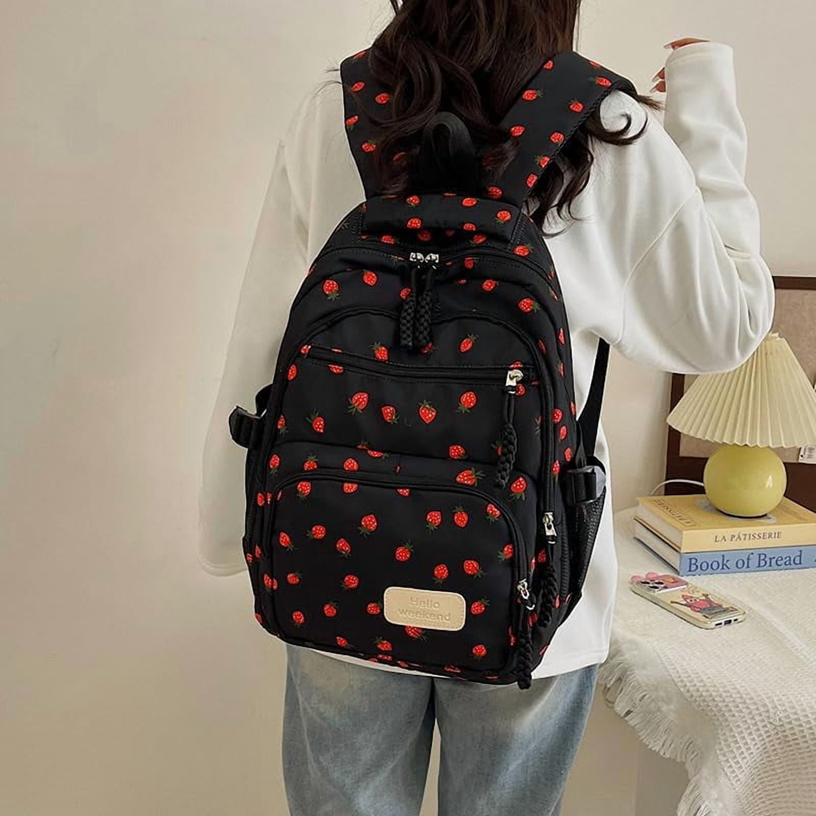 Lohol Coquette Aesthetic Backpack - Cute Kawaii Bow Rucksack for Women, Trendy & Lightweight Nylon Daypack (A02 Strawberry Black)