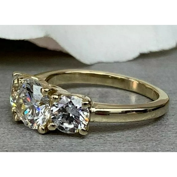 3.20Ct Round Cut Real Moissanite Three-Stone Wedding Ring 14k Yellow Gold Plated