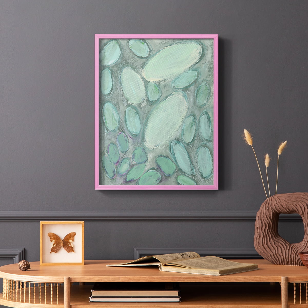 Blue Orbs II Framed Print in Pink Solid Wood Framed Print No Nail Hanging