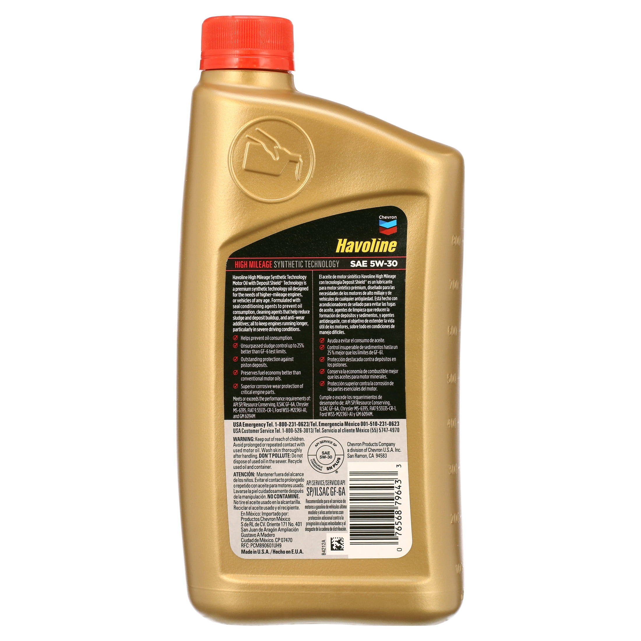 Chevron Havoline High Mileage Synthetic Blend Motor Oil 5W30, 1 Quart bottle